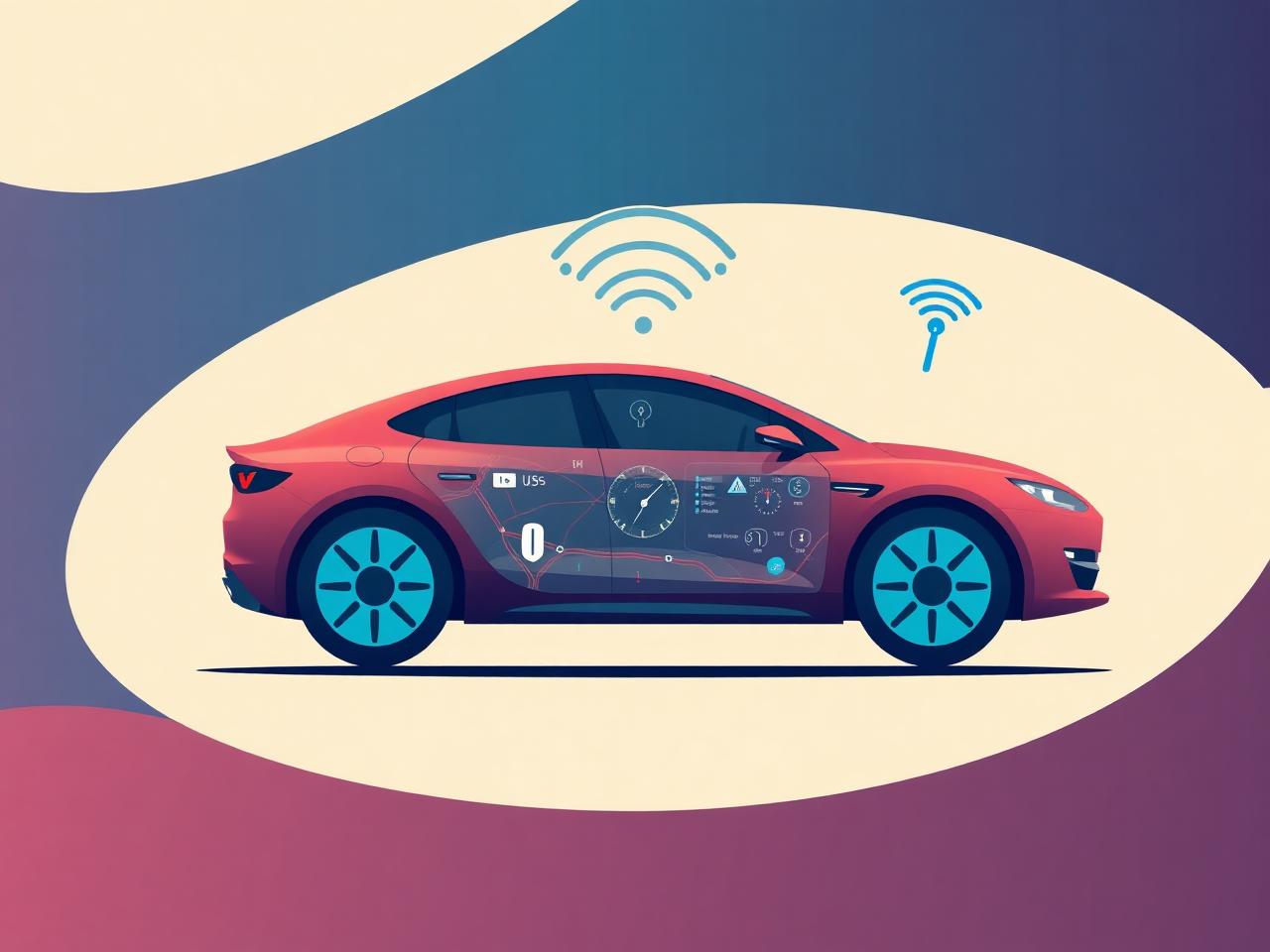 Abstract illustration of a connected car with dashboard UI