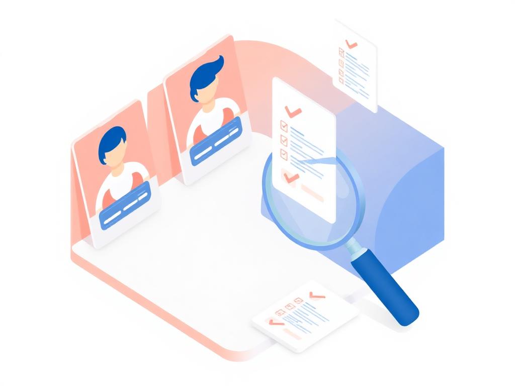 Illustration of candidate profile cards being matched with checklists