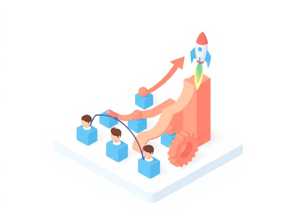Illustration of a growing team chart with rocket and upward arrow