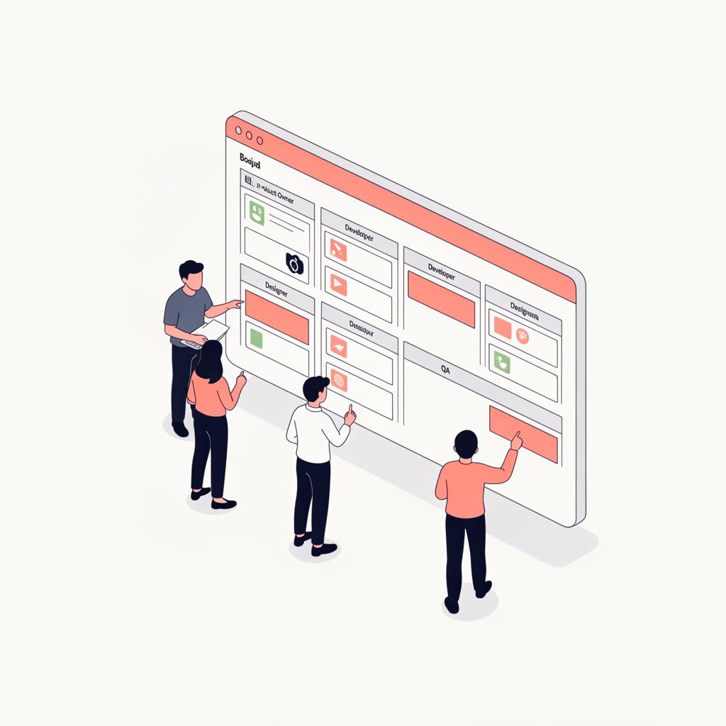 Illustration of a dedicated product squad collaborating around a kanban board