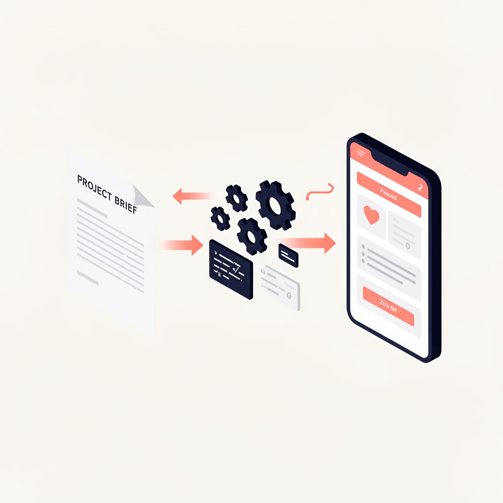 Illustration of a project brief flowing through development into a finished product