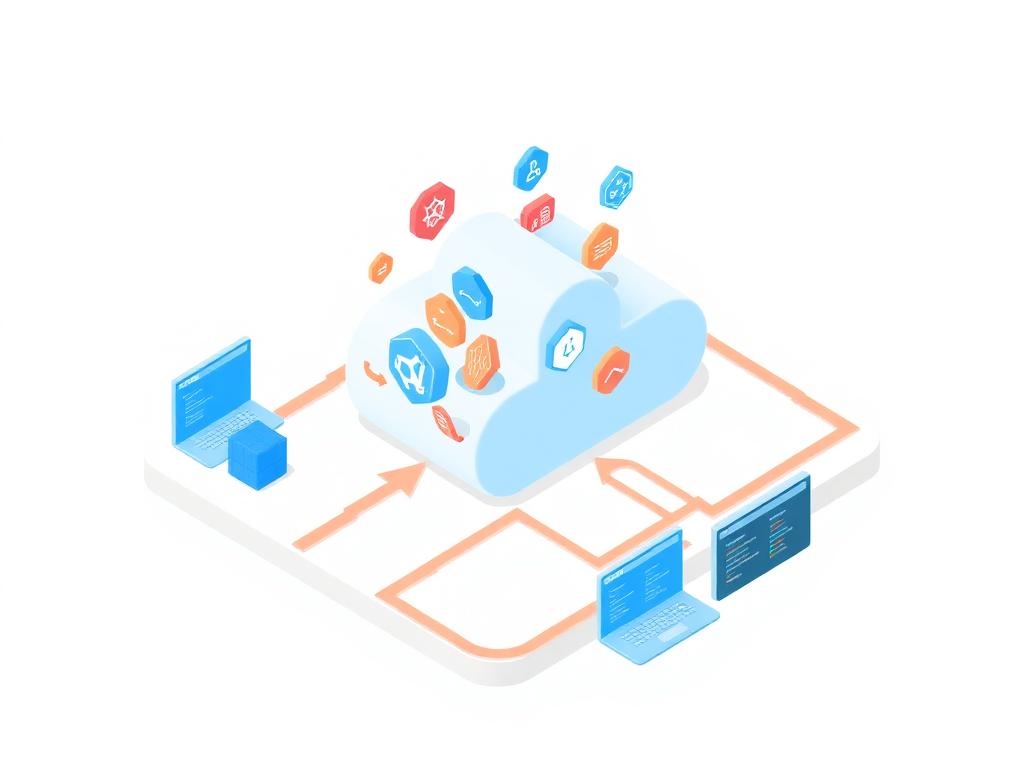 Isometric illustration of cloud platforms with CI/CD pipelines